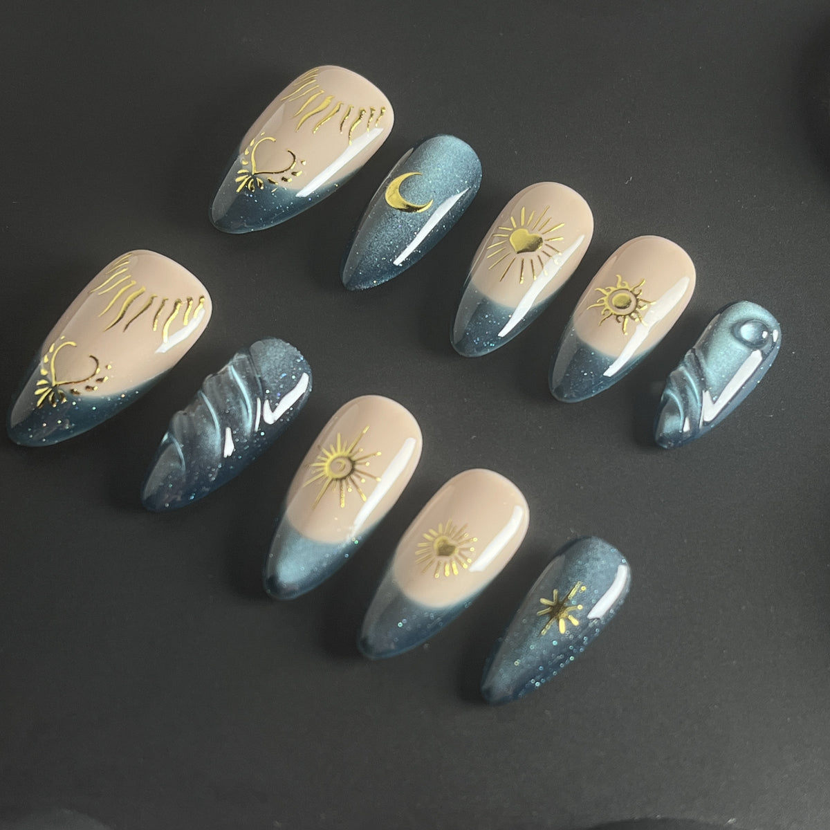 Teal Gold Horizon short almond press-on nails - view 1