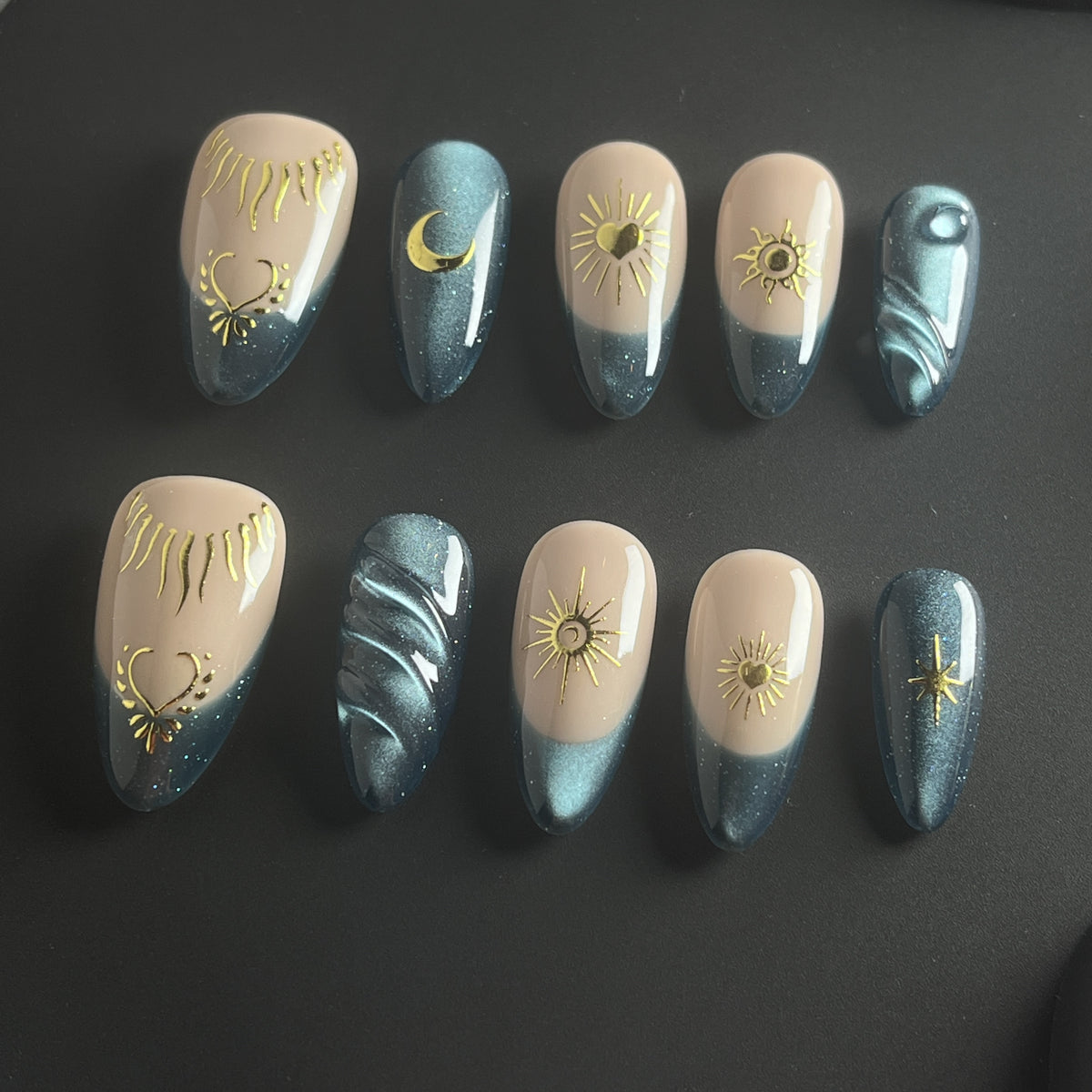 Teal Gold Horizon short almond press-on nails - view 2