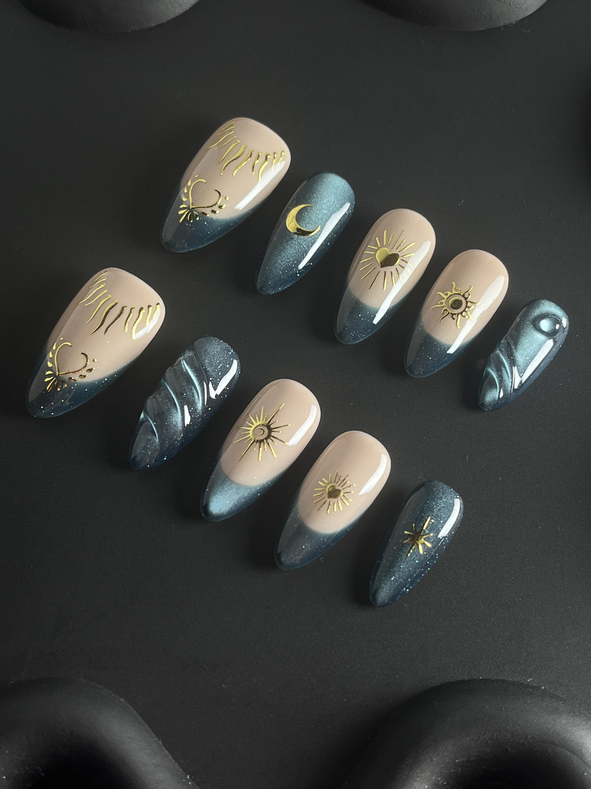 Teal Gold Horizon short almond press-on nails - view 3