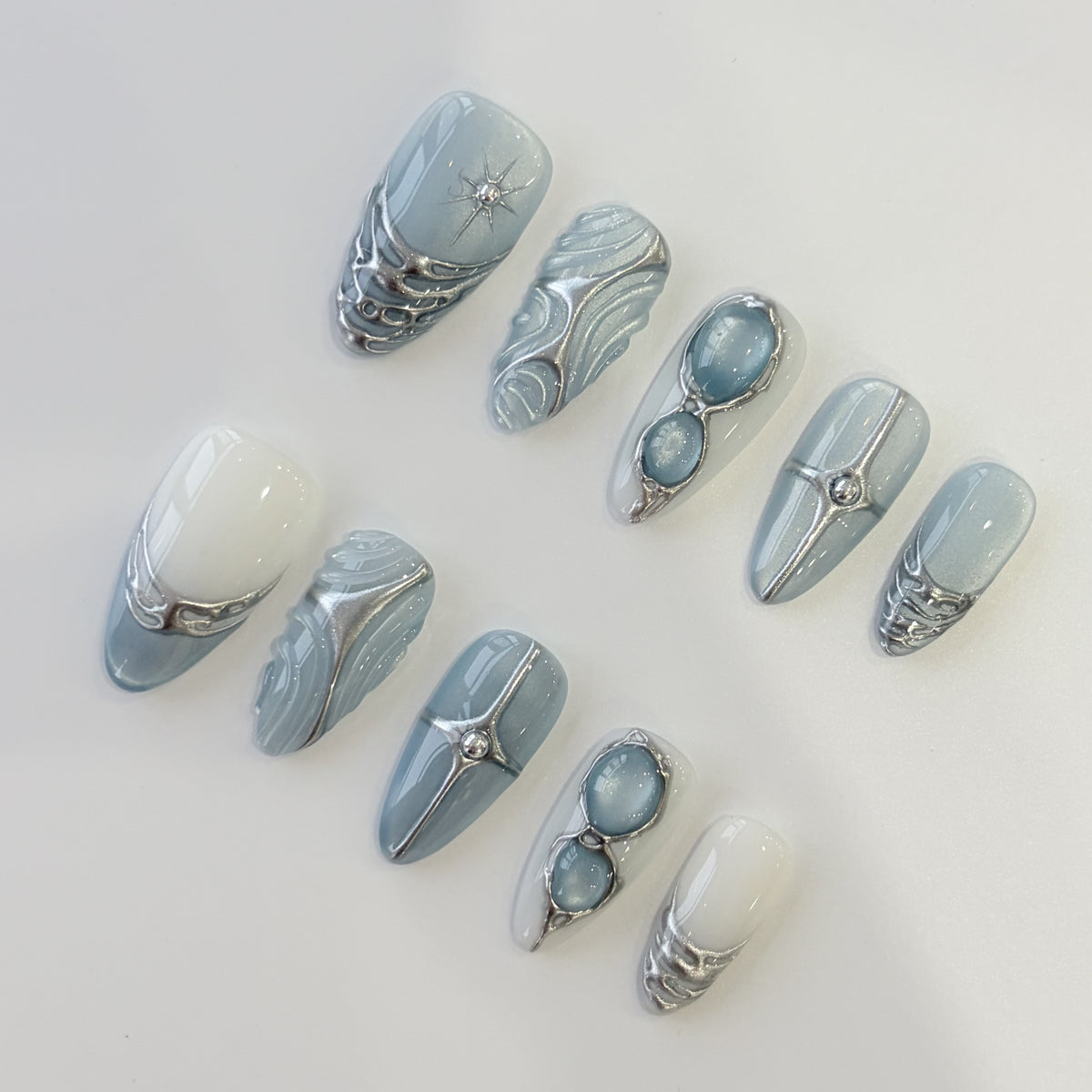 Silver Moon Swirl short almond press-on nails - view 3